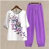 Women's Casual Two-Piece Floral Print Outfit Five-Point Sleeve Tops and Elastic Waist Pants Set
