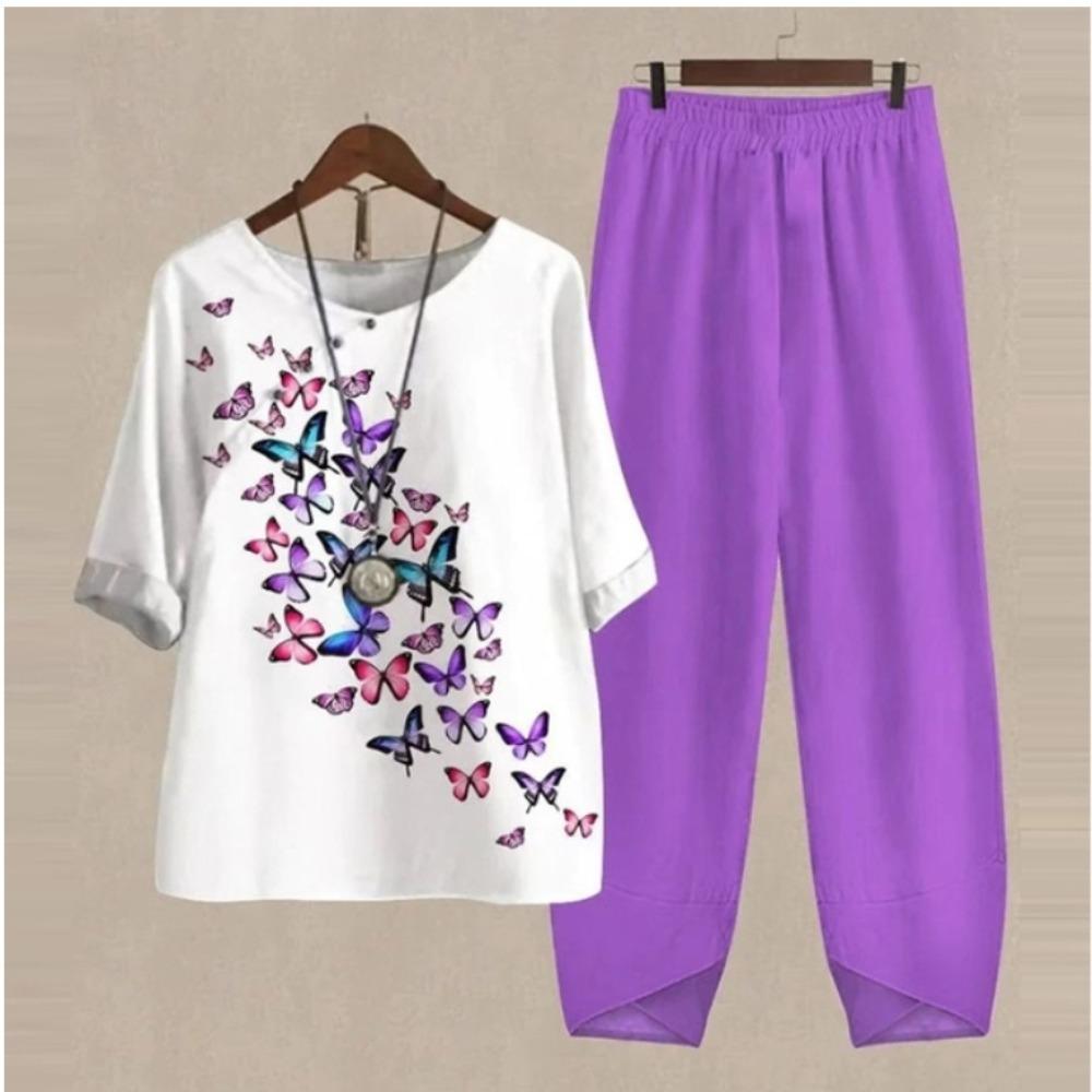 Women's Casual Two-Piece Floral Print Outfit Five-Point Sleeve Tops and Elastic Waist Pants Set