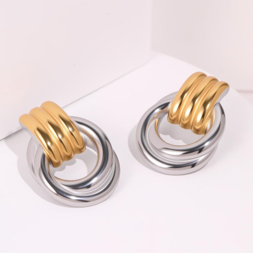 Elegant Geometric Gold & Silver Stud Earrings – Stainless Steel Fashion Statement