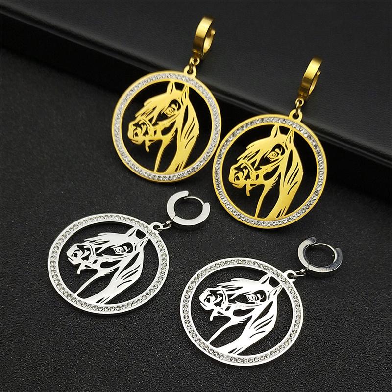 Hohler Pferdekopf Strass Hängeanhänger Ohrringe für Damen Herren Edelstahl Goldfarbe Tier Ohrring Schmuck Geschenke E42