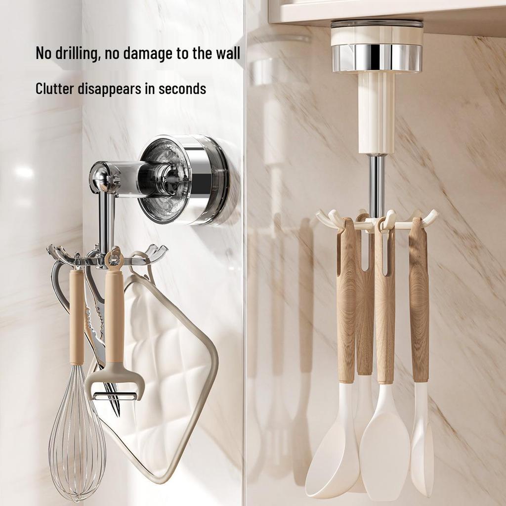 Lexi Rotating Six-Claw Suction Hook Rack: Wall-Mounted, No-Drill Kitchen Storage for Pot Lids, Spatulas, and Spoons.