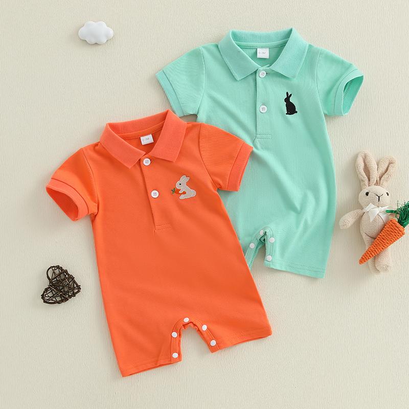 Children Clothing Yulin-001 Unisex Infant Green Newborn Infant Baby Boys Romper Summer Short Sleeve Lapel Collar Bunny Embroidery Jumpsuit Newborn Play Suit Baby Clothes Cm