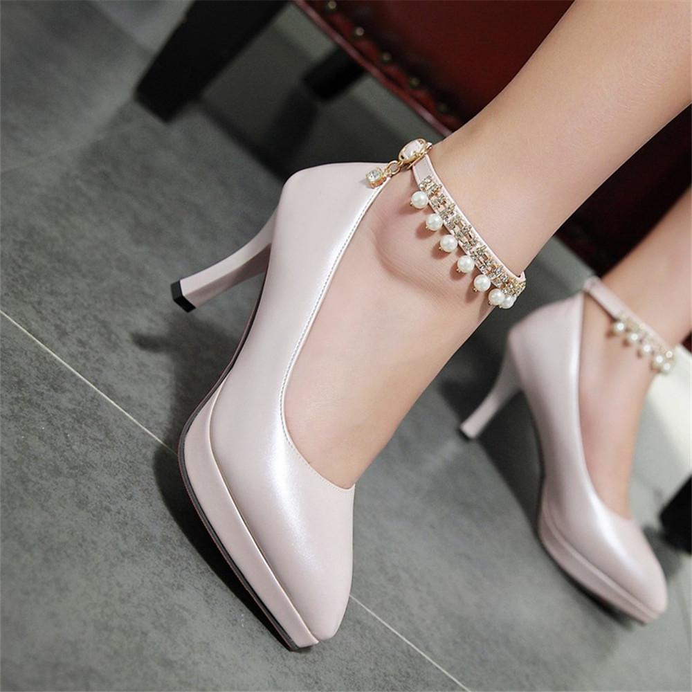 Fashion Women Pointed Heels Female Beaded Ankle Strap High Heel Shoes Platform Bottom Pumps Woman White Dress Wedding Shoes Size 33-43