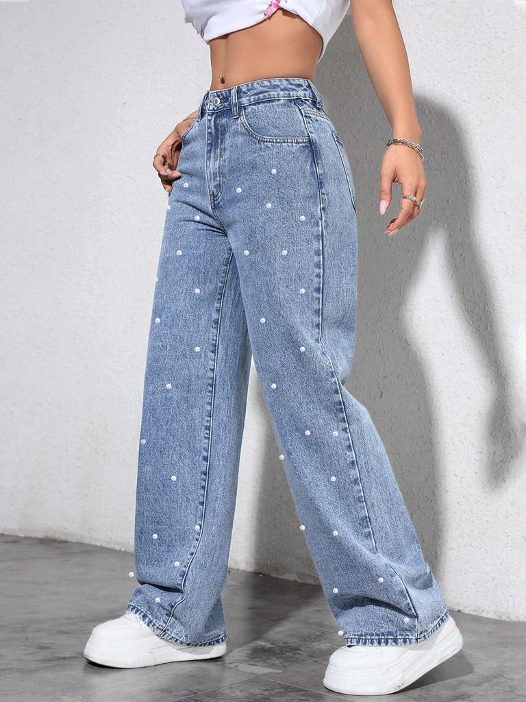 INS Style Pearl Adorned Straight-Leg Wide Denim Pants