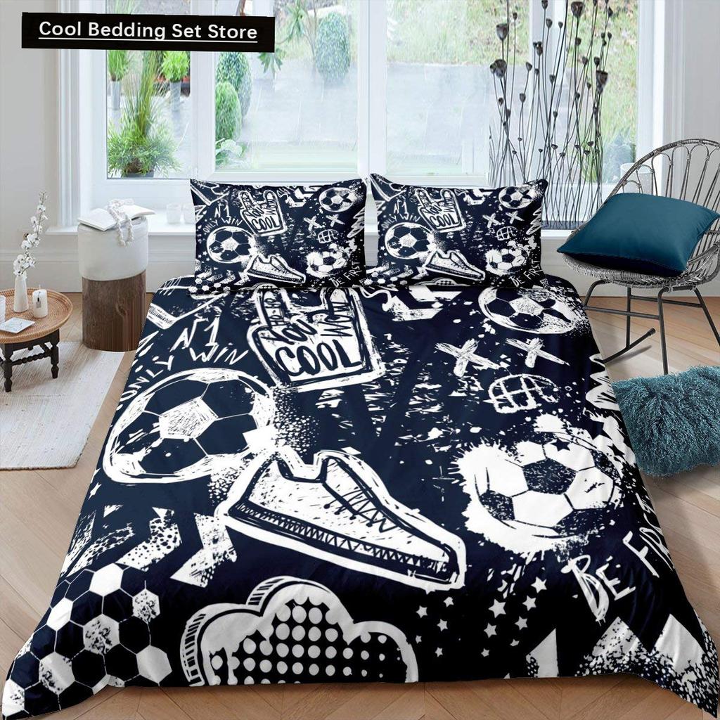 3D Football King Queen Duvet Cover Soccer Bedding Set for Kids Teens Boys Ball Sports White Red 2/3pcs Polyester Quilt Cover