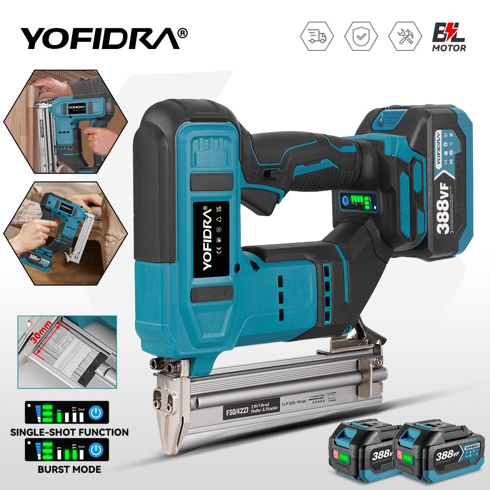 Yofidra Chiodatrice elettrica senza spazzole 30mm 2in1 Chiodatrice/Graffettatrice a batteria Chiodatrice per carpenteria Tacker Strumento per batteria Makita 18V Spilli