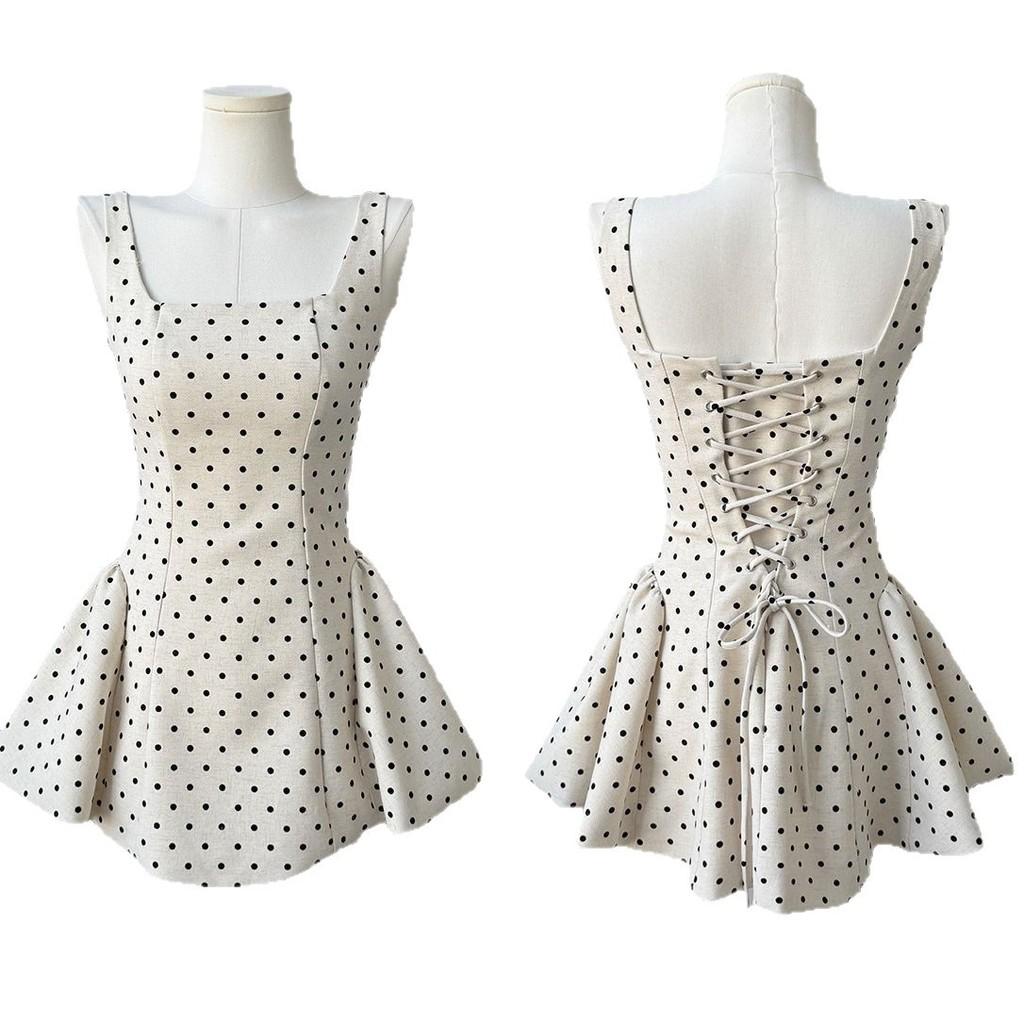Französisches gepunktetes Sommerkleid für Mädchen, lässig, A-Linie, ärmellos, hohe Taille, mit 3D-Verzierungen