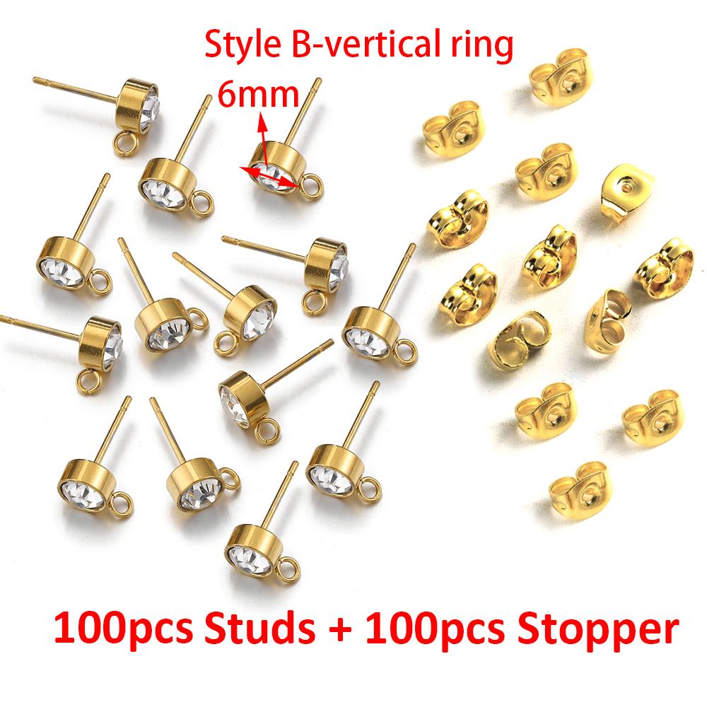 100pcs/20pcs 4mm Stainless Steel Ear Studs Rhinestone Earring Posts with Loop Rings for Earrings Jewelry Making DIY Wholesale