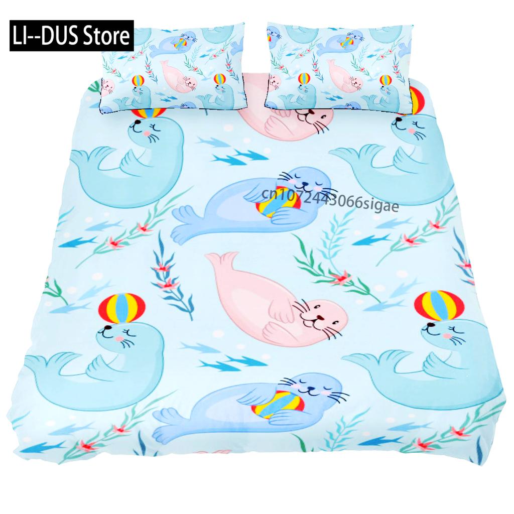 3D Sea Lion Duvet Cover King/Queen SizeCute Cartoon Sea Lion Sleeping Print Bedding Set For Kids Boysocean Animals Quilt Cover