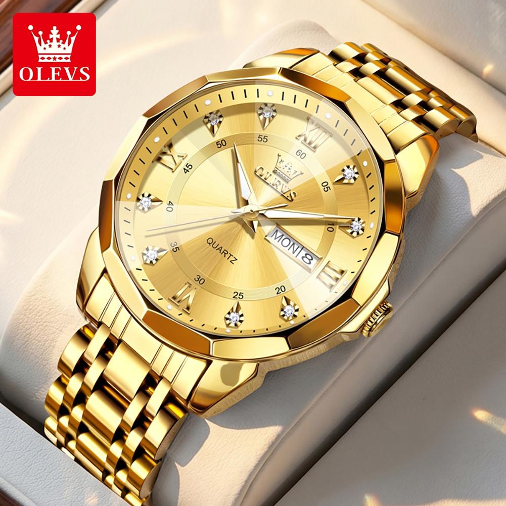 OLEVS Watch for Men Solid Steel Strap Fashion Rhombus Mirror Dual Calendar Business Men's Wristwatch Original Quartz Watch 3759