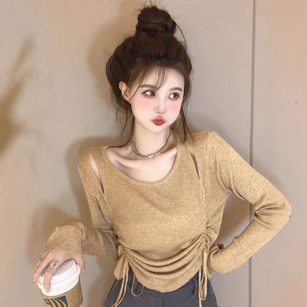 Knitted Sweater Women's Autumn Irregular Sweater Drawstring Sweater Short with Long Sleeves Unique
