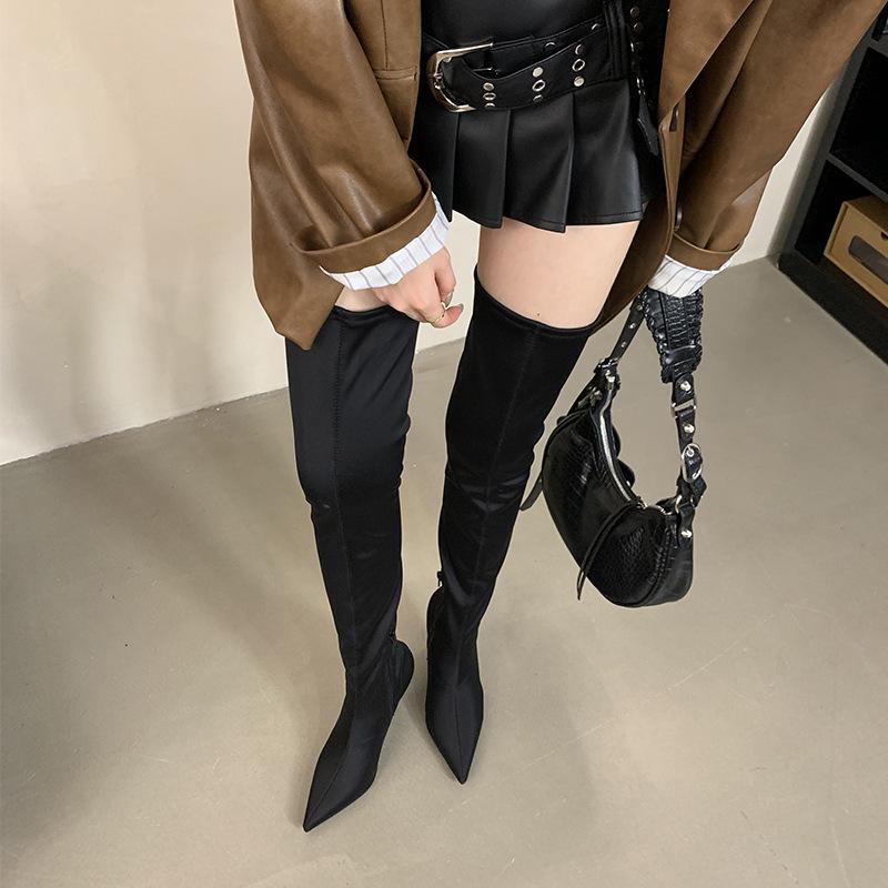 Mi Ting European and American knee boots autumn and winter 2025 black pointed head tall tube big long legs high heels elastic thin boots
