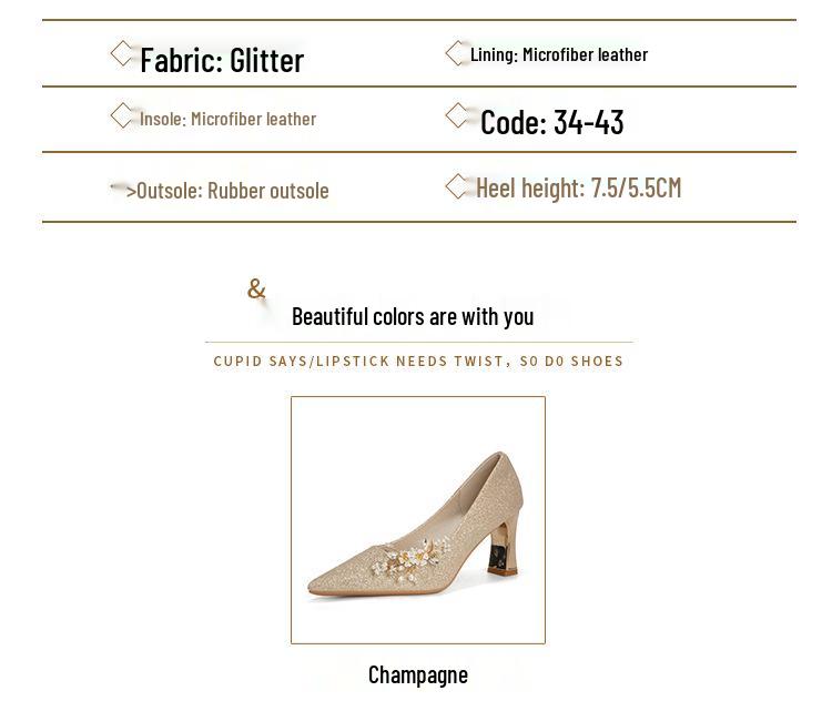 Třpytivé svatební lodičky s flitry a špičatou špičkou - robustní podpatek, svatební a pro družičky