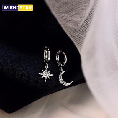 925 Sterling Silver CZ Star Moon Asymmetric Hoop Earrings for Women Girls Gold Silver Color Party Jewelry Gifts