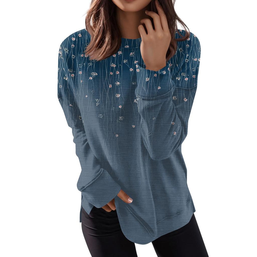 Women's Round Neck Tops Cotton Women's Casual Fashion Print  Long Sleeve O-Neck Pullover Top Blouse
