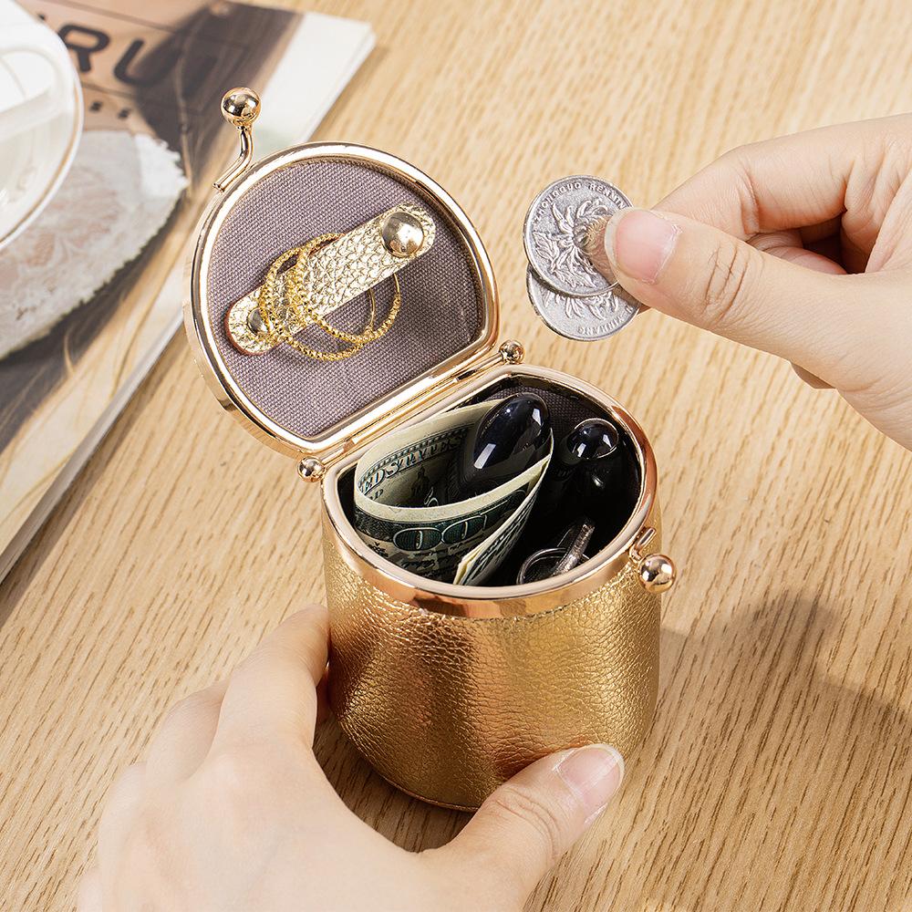 Portable Real Leather Jewelry Travel Wallet Mini Kiss-Lock Cylindrical Storage Box, Compact Organizer for Rings, Earrings, Coins