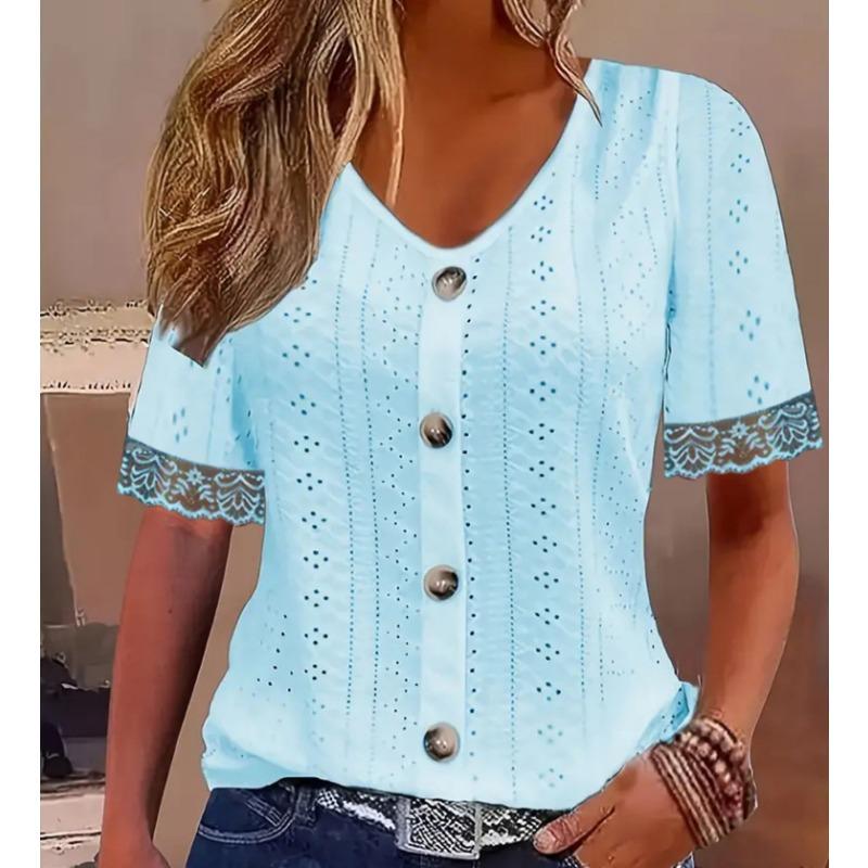 

Pring Summer Women s T-shirt Hollow V-neck Button Lace Splicing Shirt S небо синє кольору