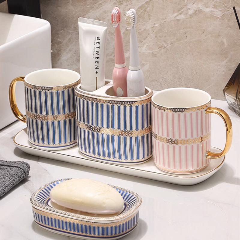 Nordic Soap Holder Stripes Perforated Soap Dish Ceramic Household Drain Soap Box Washstand Gargle Cup Bathroom Accessories