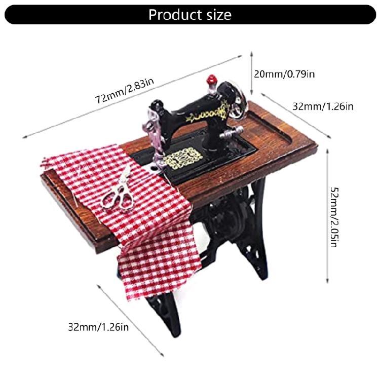 Wood Miniature Sewing Machine Set With Scissors And Fabric For Realistic Dollhouses Scene Display Decoration