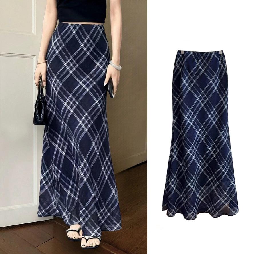 Women's Vintage Aesthetic Blue Lightweight Sheer Checkered Long Skirt Flared Hem Summer Slim Fit Plaid Dress