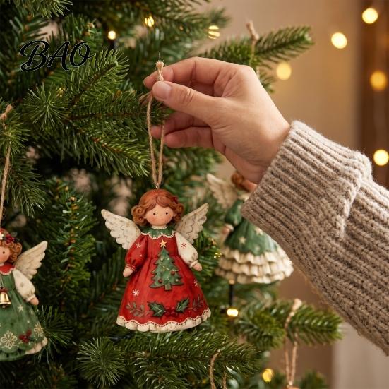 Wooden Angel Ornaments 6Pcs Vintage Ornaments, Christmas Hanging Decor Set Interior Door Frame Decorations with Jute String, Rustic Tree Pendant