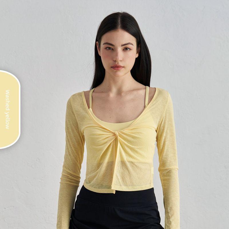 

Новое поступление Бамбуковая сетка Ощущение обнаженности Одежда для йоги Женский топ с перекручиванием Спортивная кофта с длинным рукавом Прохладная дышащая шаль Быстросохнущая Washed yellow XL