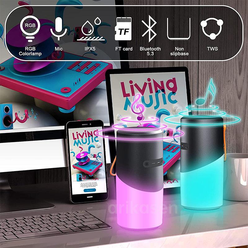 Wireless Bluetooth Outdoor Speaker Camping with 7 Color LED Lights TF Card Slot TWS Pairing Bluetooth 5.3 Water Resistant Mic