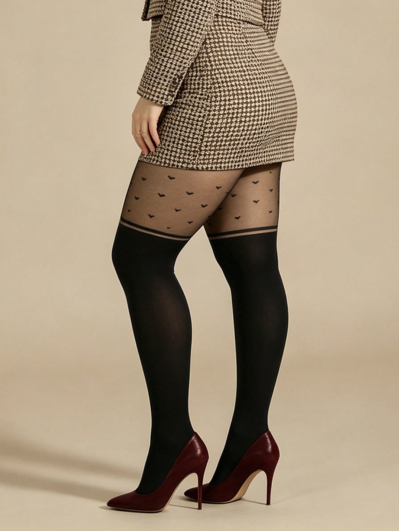 Elegant Retro Sheer Black Pantyhose With Faux Thigh High Heart Pattern Summer Autumn S
