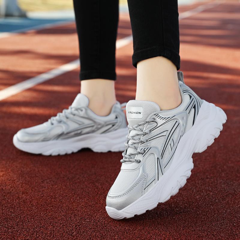 Fashion 2025 New Anti Slip Breathable Mesh Women's Running Shoes, Casual and Fashionable, Multi Functional Women's Dad Shoes Silvery