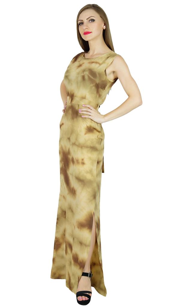 Bimba Women Long Rayon Maxi Dress Tie & Dye Brown Summer Wear Sleeveless