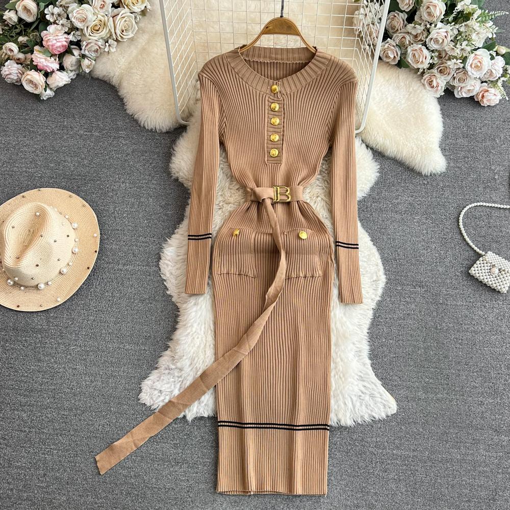 Women Dress  Autumn Winter Elegant Rib Knit Long Pencil Dress with Belt Office Lady Bodycon Sweater Dress