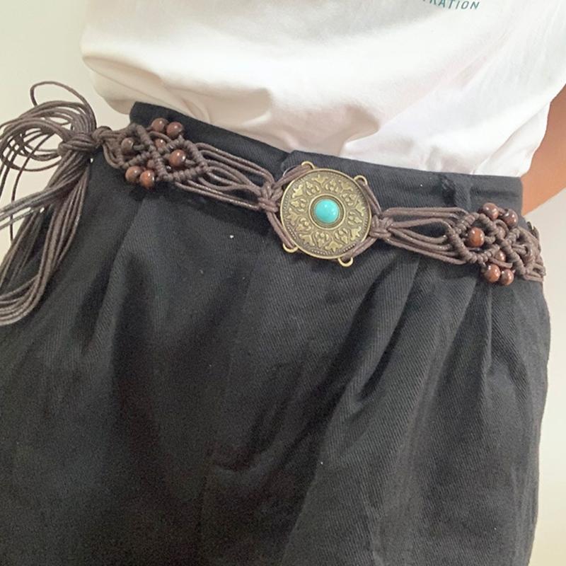 Women Shirt Waist Belt Vintage Bohemian Adjustable Braided Waist Belt with Tassels Women Dress Shirt Wide Waist Belt