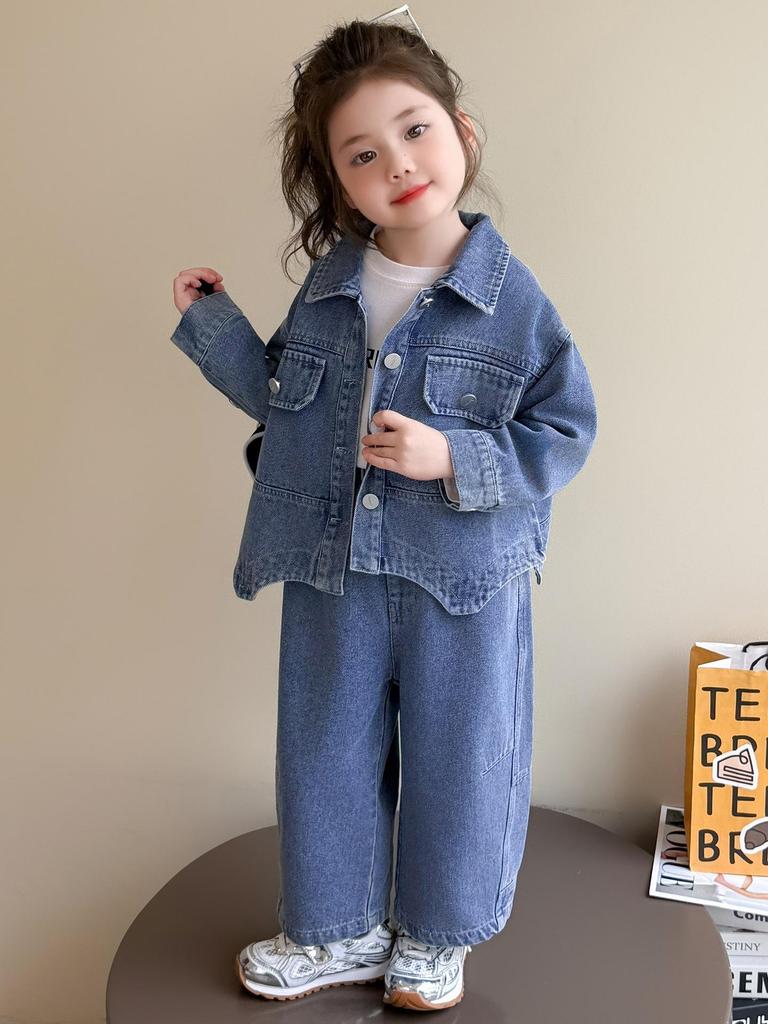 2025 Stylowy Jesienny Dżinsowy Kombinezon dla Dziewczynek - Modny Dwuczęściowy Dżinsowy Strój