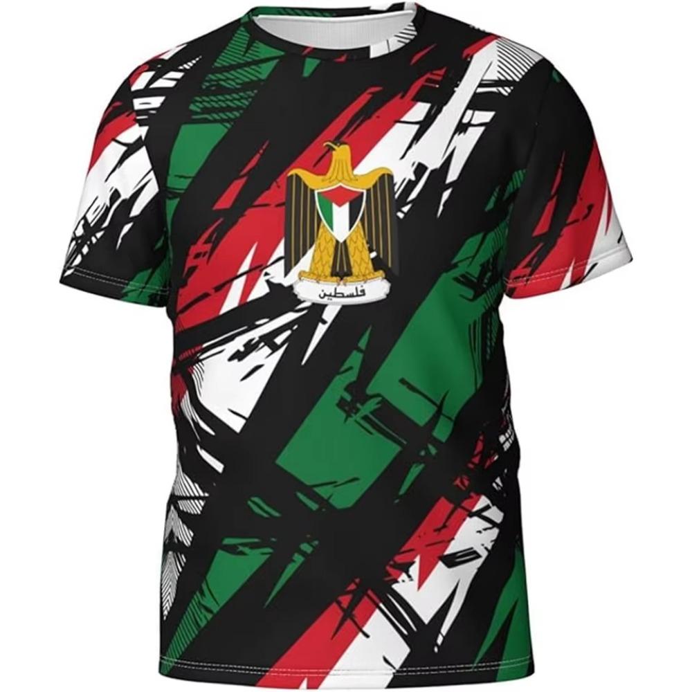 (DOMIO) Palestine Flag Football Kid T Shirt Summer Short Sleeve National Emblem 3D Printed Kid Sports Tees Loose Tops Men Tshirt