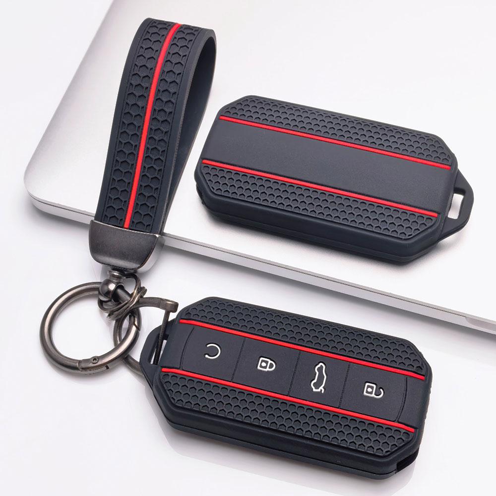 4 Button Silicone Key Fob Cover with Matching Keychain for Chery Jaecoo 7 8 J7 J8 Lock Unlock Trunk Remote Start Buttons, Full Wrap Key Guard for