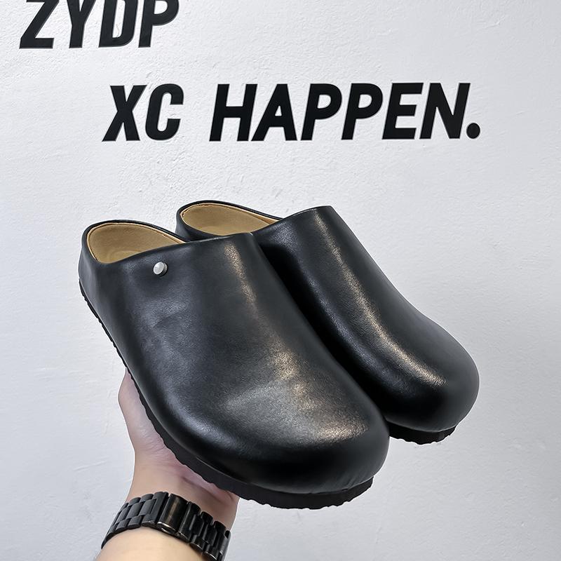 

Outdoor Beach Slides Shoes 2025 New Man Business Flats Half Drag Casual Leather Mules Slippers Men Leisure Walk Sandals 46 чёрный