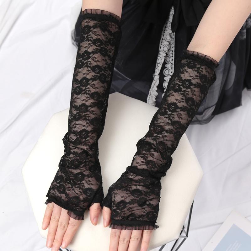 Women Lace Arm Cover Sleeve Fishnet Mittens UV Protection Arm Cuffs Fingerless Driving Gloves JK Lolita Kawaii White Gloves