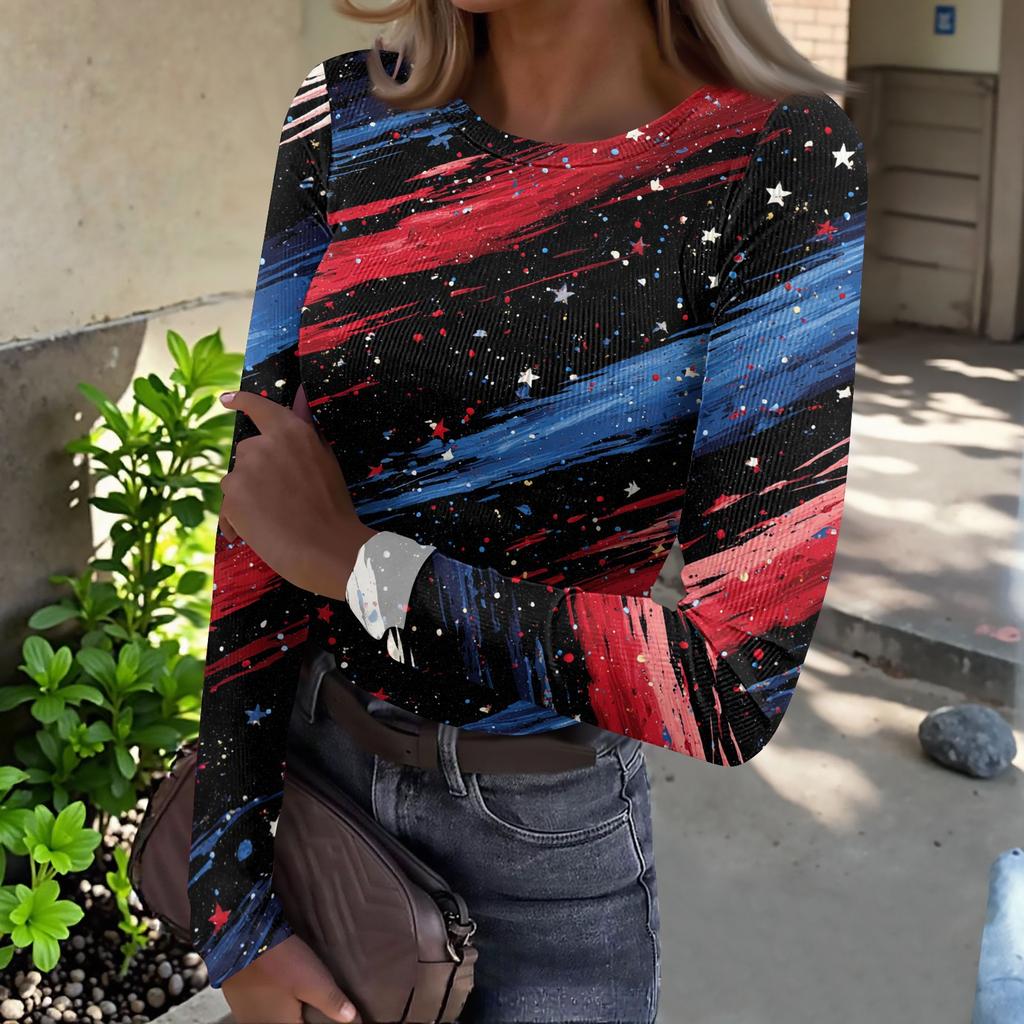 Women's Casual Fashion Round Neck Independence Day Print Long Sleeve Ribbed Top