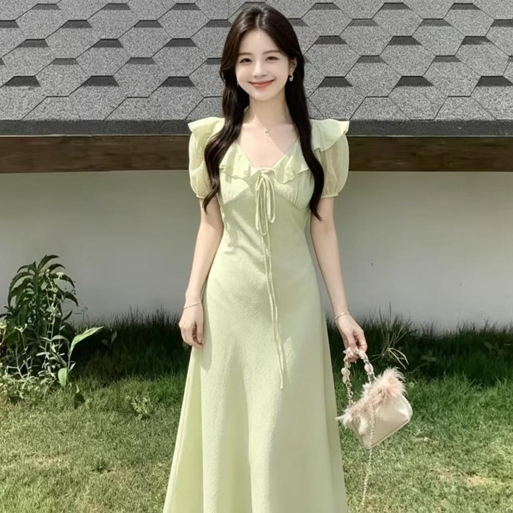 French Skinny Purple Seaside Dress 2026 Summer New Slim Bubble Sleeve Lotus Leaf Edge Collar Long Dress Women