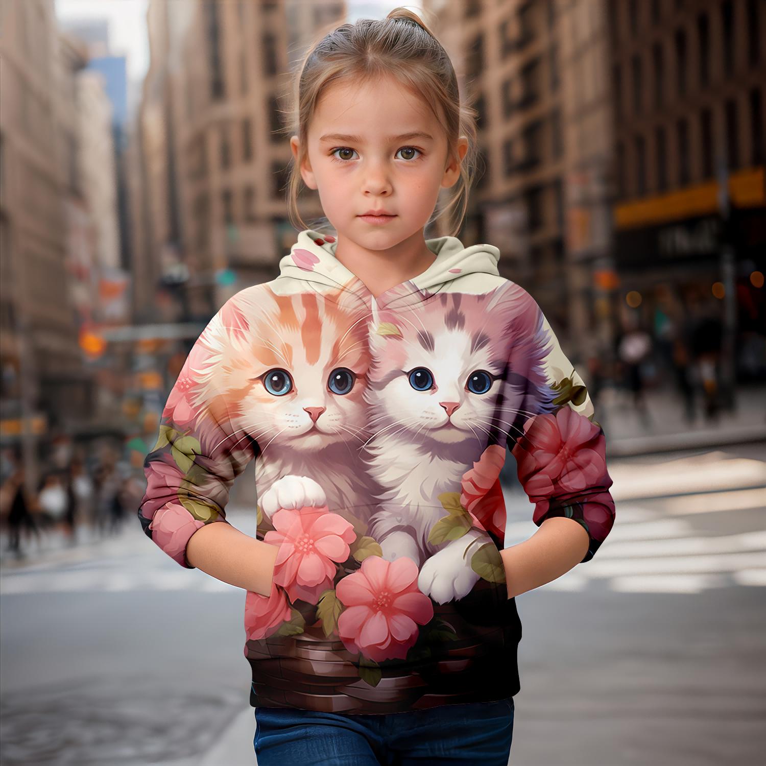 

Одежда для девочек Толстовки с длинным рукавом с рисунком 3D-котов Милая толстовка для девочек Топы Повседневный свитер Весна Осень Детская одежда 160CM