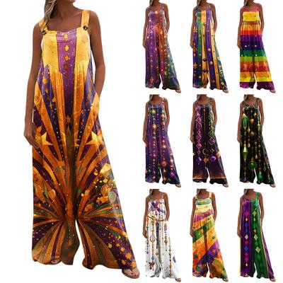 Wide Leg Overalls For Women Casual Loose Sleeveless Print Button Long Pant Romper Jumpsuit With Pockets