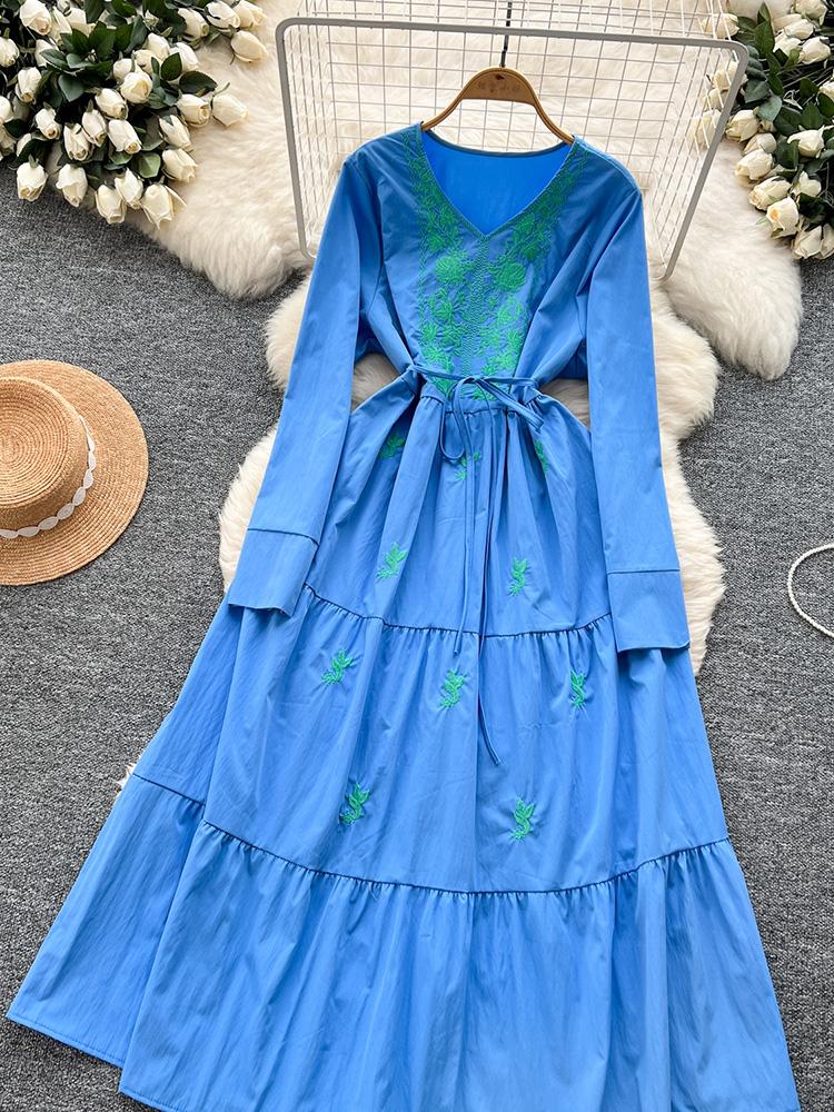 Women Spring Autumn Dress Retro Embroidered V-neck Strap Waist French Elegant Long Sleeve Grand Swing Long Dress