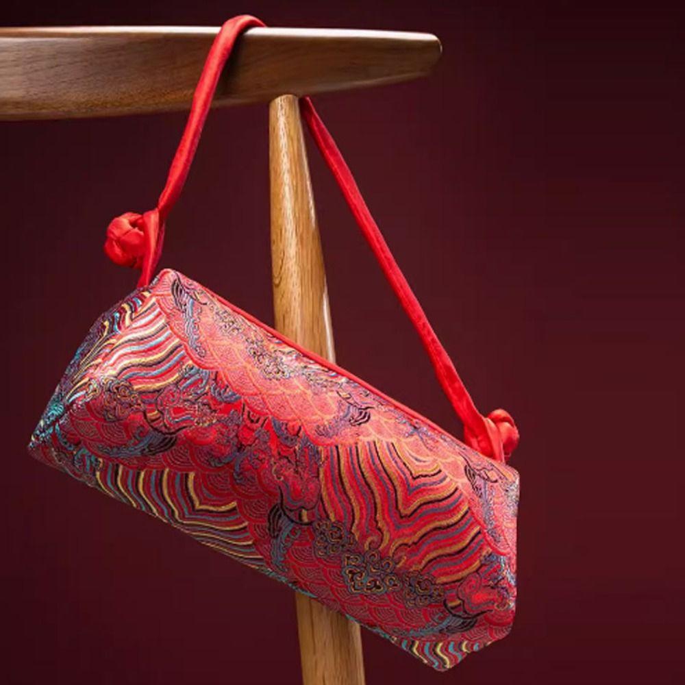 Fashion Silk Embroidered Women Handbag Zipper Chinese Style Design Clutch Bag Knot Retro Cosmetic Bag Gifts