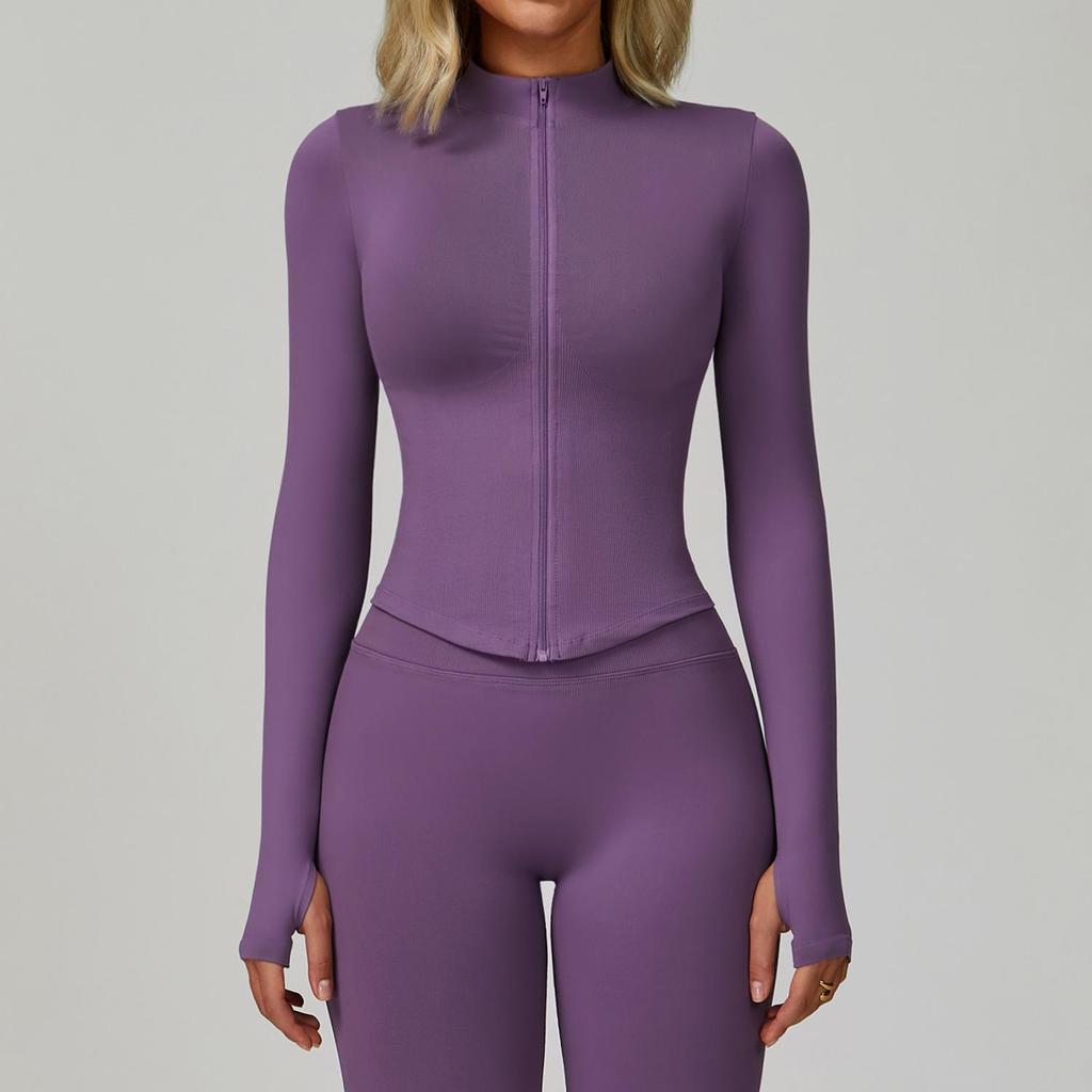 "Damska szybkoschnąca kurtka do jogi z długim rękawem zapinana na zamek, ze stójką 7725 - Krój europejski i amerykański, Top sportowy do fitnessu na zewnątrz"