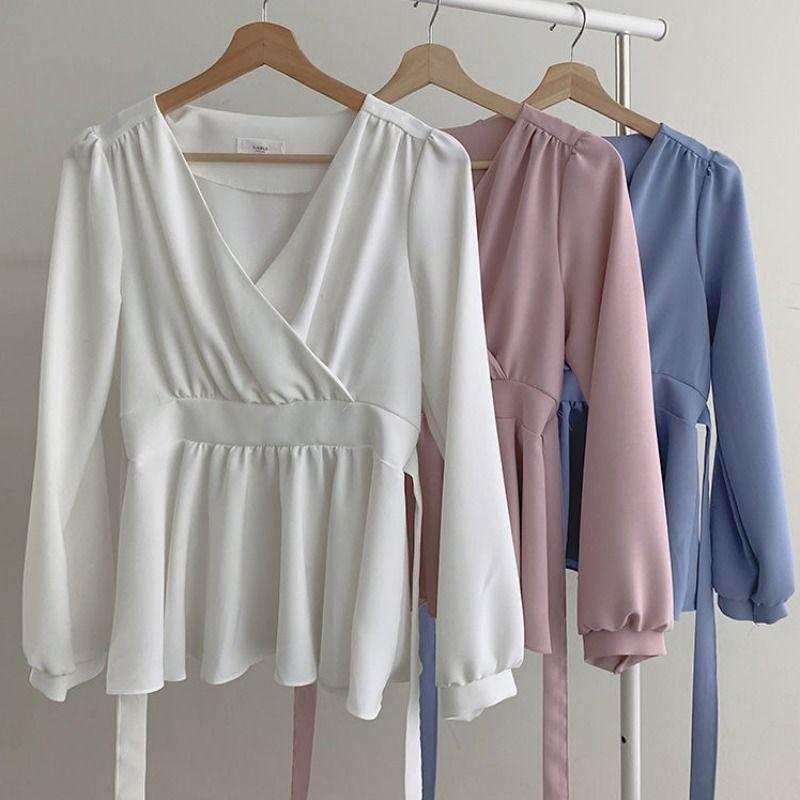 Elegant V-neck Chiffon Blouse - Women's Spring/Autumn, Waist-Slimming Tie-up, Long-Sleeve, Sweet Fairy Style