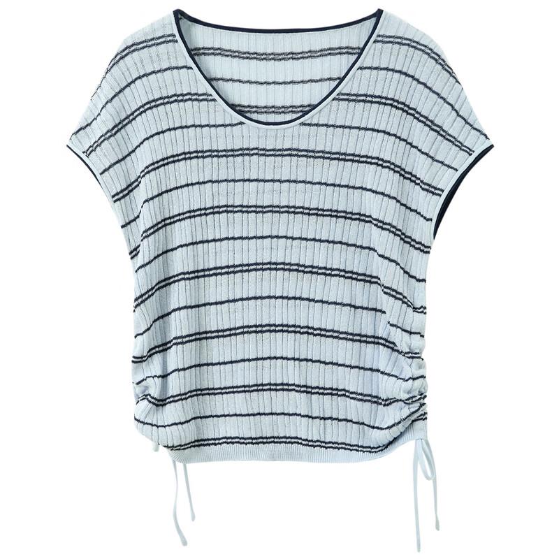 Sancai 2025 Summer Ice Silk Striped Round Neck Short Sleeve Drawstring Knit Top