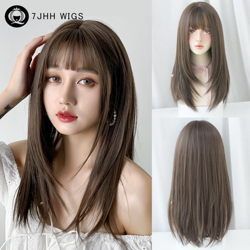Straight Layered Blonde Wigs With Neat Bangs High Density Synthetic Natural Fake Hair Wig For Women Daily Cosplay Party Wigs