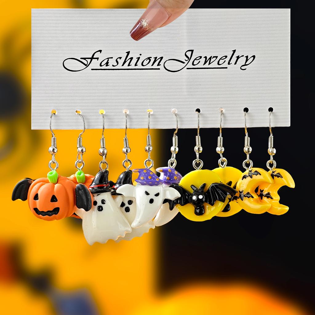 Neues Halloween Niedlich Lustig Kürbis Fledermaus Geist Schwarze Katze Spinne Hexenhut Harz Anhänger Ohrringe Halloween Geschenkset