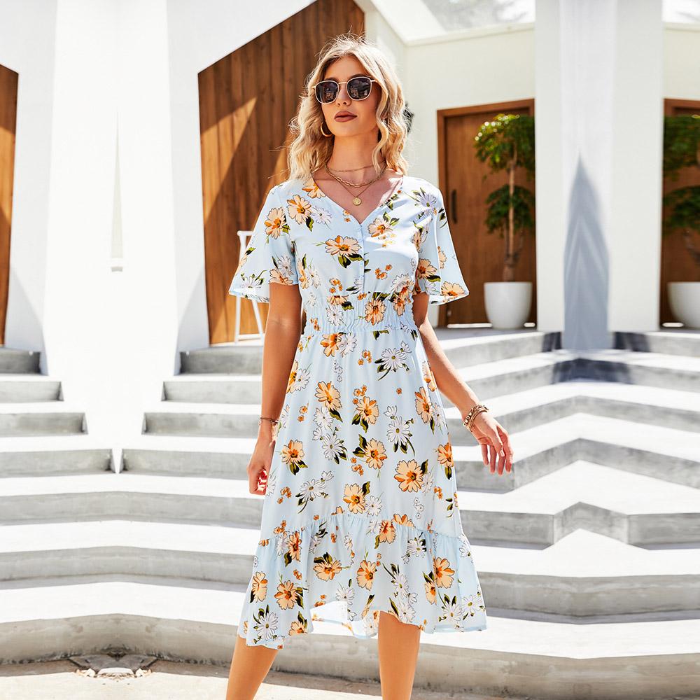 Robes d'été chics pour femmes, col en V, manches à volants, taille haute, ligne A, imprimé Floral, S-XXL