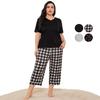 Plus Size Pajamas for Women 2 Piece Sleepwear Set Comfy V Neck Short Sleeve Shirt and Drawstring Long Pants Lounge Wear Home Sleeping Suites